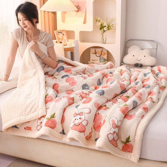 Coral Fleece Blanket Quilt, Winter Three-Layer Thickened Flannel Milk Fleece Blanket for Bed, Air Conditioning Cover Blanket for Nap