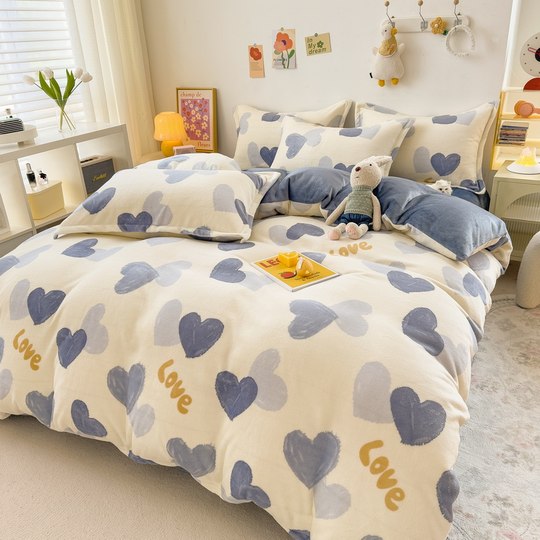 Winter Coral Velvet Four-Piece Set, Thickened Double-Sided Milk Velvet Duvet Cover, Dormitory Single Flannel Bed Sheet, Winter Bedding