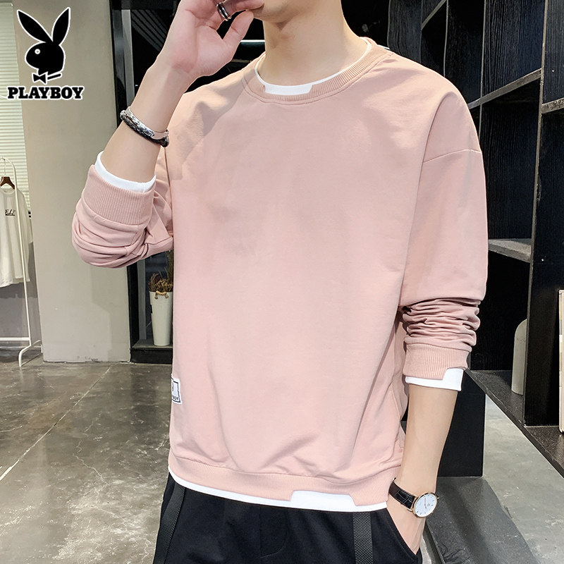 Playboy autumn long-sleeved T-shirt men's trendy pink bottoming shirt spring and autumn casual thick cotton men's top