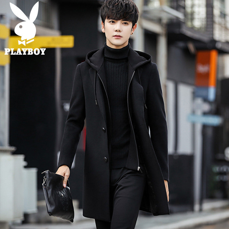 Playboy autumn woolen trench coat men's Korean version of the trend handsome mid-length coat spring and autumn coat men