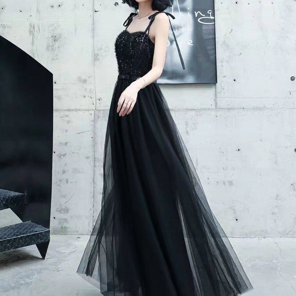 最新款黑色晚礼服女时尚宴会吊带主持人长款显瘦名媛气质连衣裙