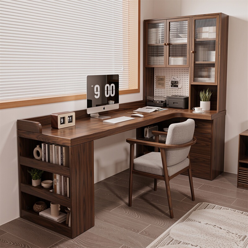 Solid Wood Corner Table, Walnut Wood Desk and Bookshelf Integrated Study Desk, Study Room Corner Desk, Bookcase, Computer Desk
