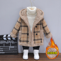 Boys woolen coat children Korean Plaid foreign-made long autumn winter woolen plus velvet thickened coat tide