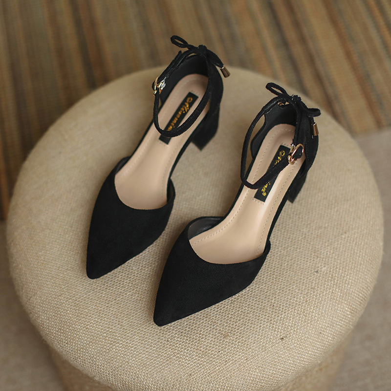 Women's Pointed-Toe Sandals with Medium Heel, 2026 Summer New Style, Versatile Work Shoes, Black, Elegant, Chunky Heel, High-Heeled Single Shoes