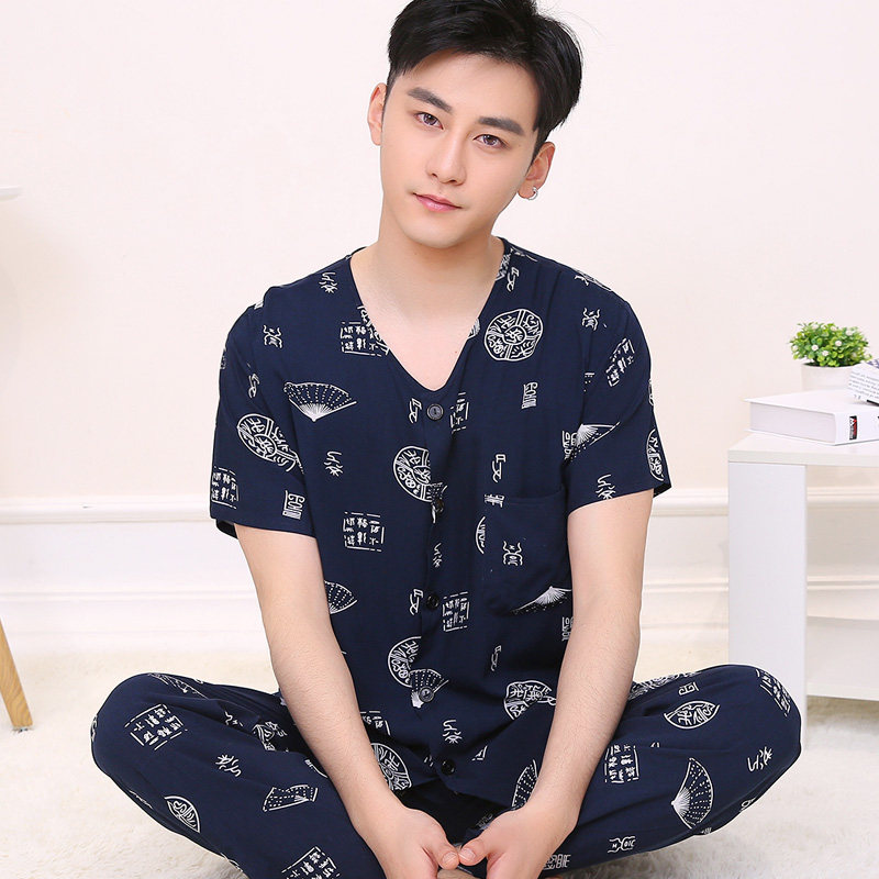 Middle aged man sleepwear summer pure cotton thin section short sleeve long pants large size cotton silk dad's home conserved two sets