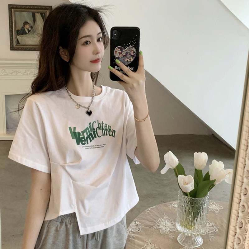 Irregular short sleeve positive shoulder T-shirt female summer new display slim letter printed design feel short of pure cotton blouses