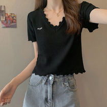 Summer New Ice Silk Knit Cardigan Short Sleeve V Collar Positive Shoulder T-shirt Woman Design Sensation Slim bm short Agaric Side Coat