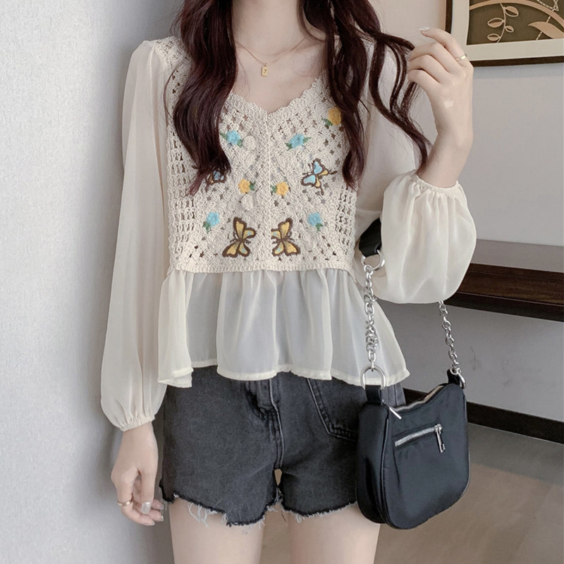 Early autumn super fairy crochet hollow long-sleeved chiffon shirt women's design soft wind loose small fresh short top