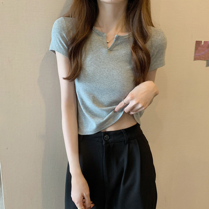 Summer Short T-Shirt Girl BM Short Sleeve V-collar Design Sense Slim Gray Dew Cord Chic Lin