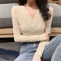 Spring and autumn models V collar Sexy long sleeves lace Shirt woman French style tight fit jacket foreign air expats slim fit shirt