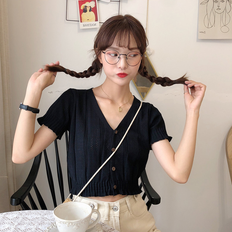 Summer dress new black short sleeve V collar ice-knitted sweatshirt woman short style Elegant Wind Open-navel Blouse Women's Heart machine T-shirt