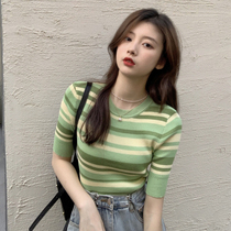 Bull Oil Fruits Green Short Sleeve Striped T-shirt Woman Summer Design Sensation Thin round collar ice-knitted sweatshirt shorts Dont make blouses