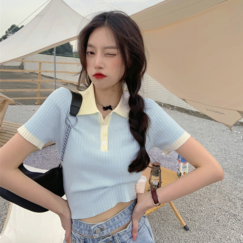 Sexy Hot Brother-in-law Truffle T-shirt Summer Short blouses design sensation Polo collar short sleeve ice silk knit jersey woman