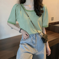 Ice Silk Stitch Cardigan Short Sleeve T-shirt Woman Summer 2022 New Do Nt Design Sense Shoulder short square collar blouses
