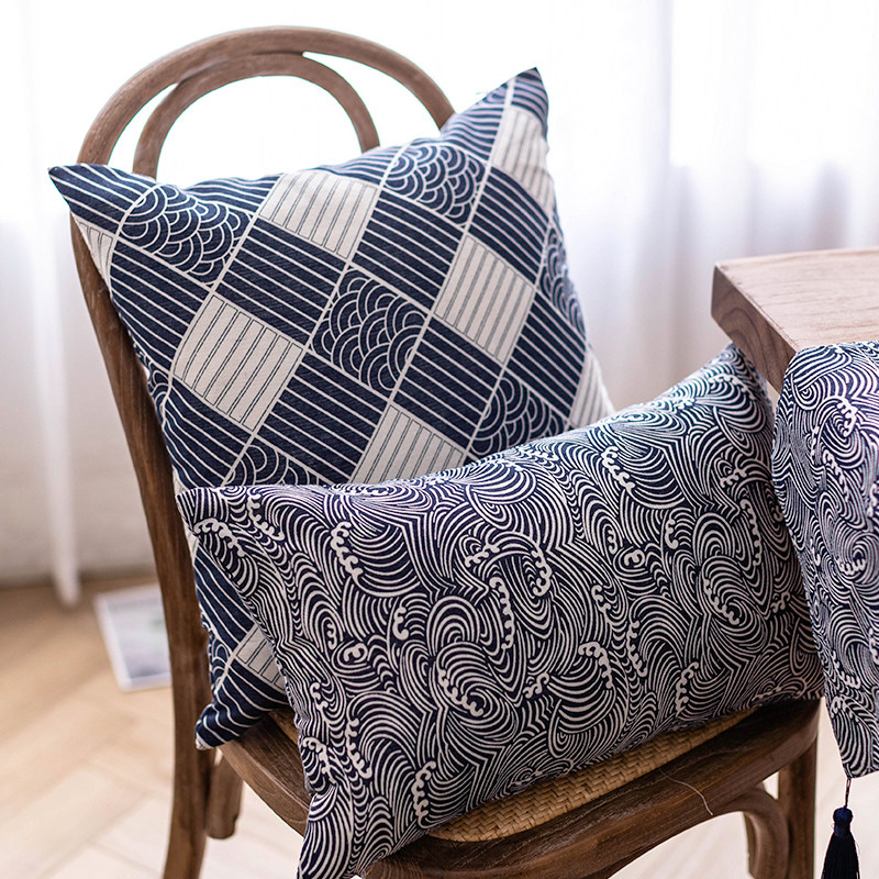 Japanese-style Japanese-style fabric pillow cushion retro ethnic style waist pillow cotton and linen pillowcase Chinese-style pillow sea ripples