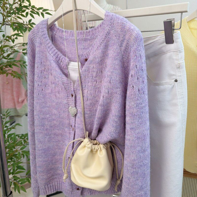 Purple Hollow-Out Gentle and Lazy Style Thin Outerwear French Top Short Knitted Cardigan Sweater Jacket for Women Spring and Summer