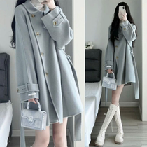 Maternity woolen coat versatile and trendy mom solid color short windbreaker coat autumn and winter loose slimming casual strappy coat