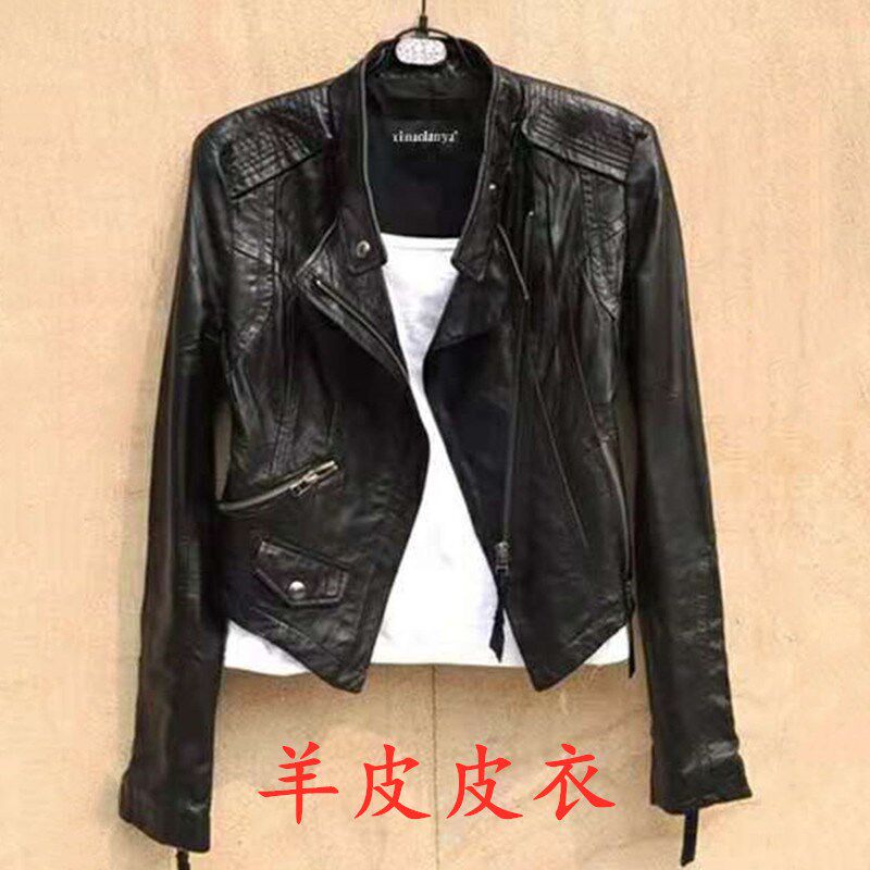 Women's short leather small coat motorcycle high waist thin Haining leather jacket This spring and autumn new sheepskin leather coat