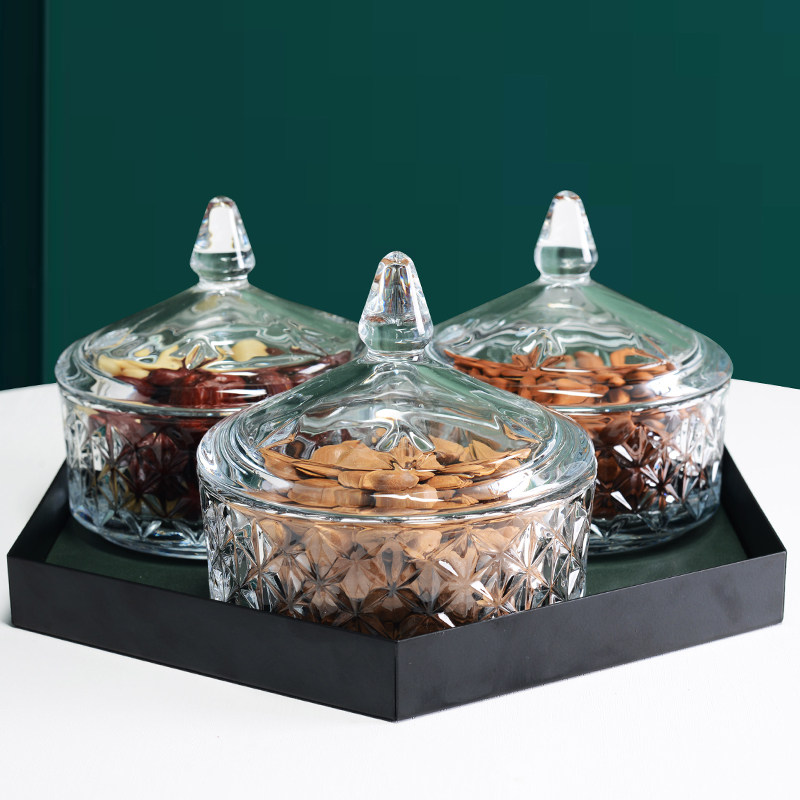Thickened glass dried fruit plate with cover, fruit plate, melon seeds, snacks, nuts, separated, sealed, storage plate, living room, office