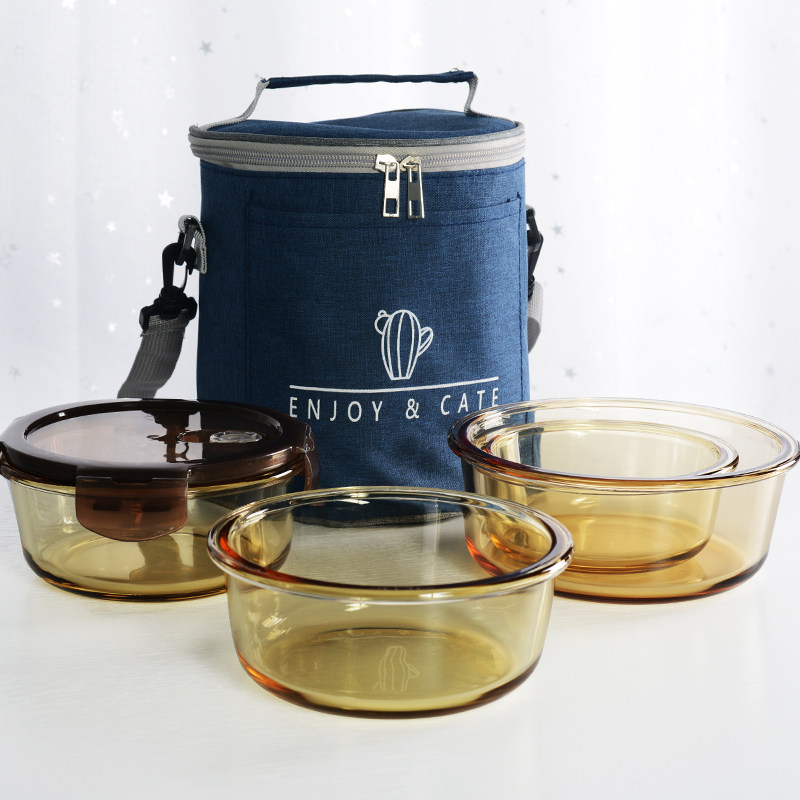 Tea colour heat resistant glass lunch box microwave heating special office family freezer containing refreshing box separation lunch bowl