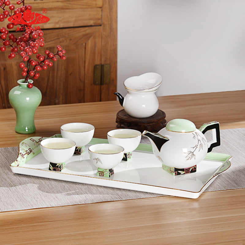 Tang Shan Red Rose Bone China Porcelain Kung Fu Tea Furniture Set Group Chinese Tea Cup Teapot Tea Tray Gift Gift