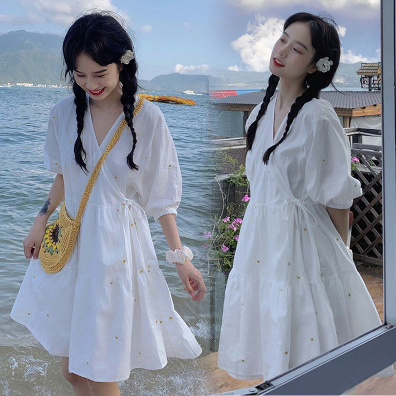 Maternity summer dress cotton V-neck can breastfeed summer skirt tops net red maternity summer suit