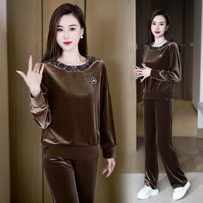 Gold Velvet Casual Sports Suit for Women, New Spring and Autumn Fashion, Round Neck Pullover Top and Straight-Leg Pants Two-Piece Set