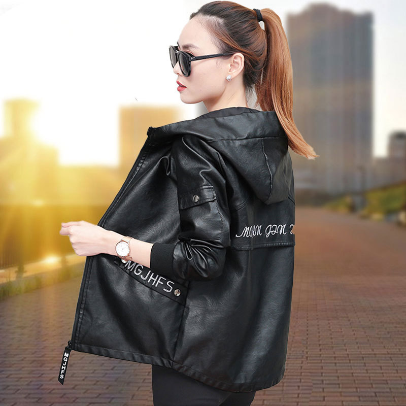 2026 Mid-Length Leather Hooded Jacket for Women, New Spring and Autumn Style, Petite Black Loose Pu Leather Jacket for Women