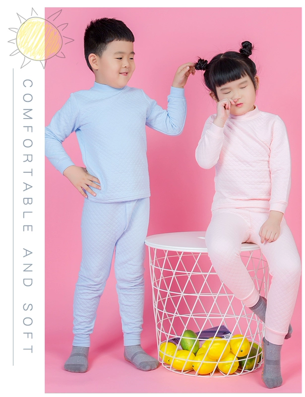 Bé trai và bé gái cotton tinh khiết ba lớp đồ lót nhiệt phù hợp với trẻ em cotton mùa thu quần áo dài quần dài nửa cổ cao đồ lót mùa đông - Quần áo lót