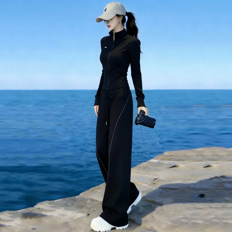 Supdorx~Fashionable Casual Sports Suit for Women in Spring and Autum, Running and Fitness Slimming Look Black Sportswear Two-Piece Set