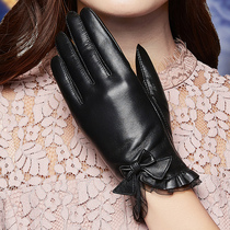 Leather gloves Womens winter warm sheepskin touch screen velvet thickened driving fashion bow Sheepskin gloves