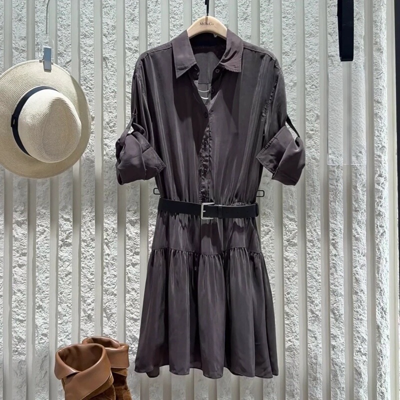 Mojia Zheng 2026 Autumn New Retro Sand-Washed Silk Ruffle Dress with Belt for Women Mbe1Drs029