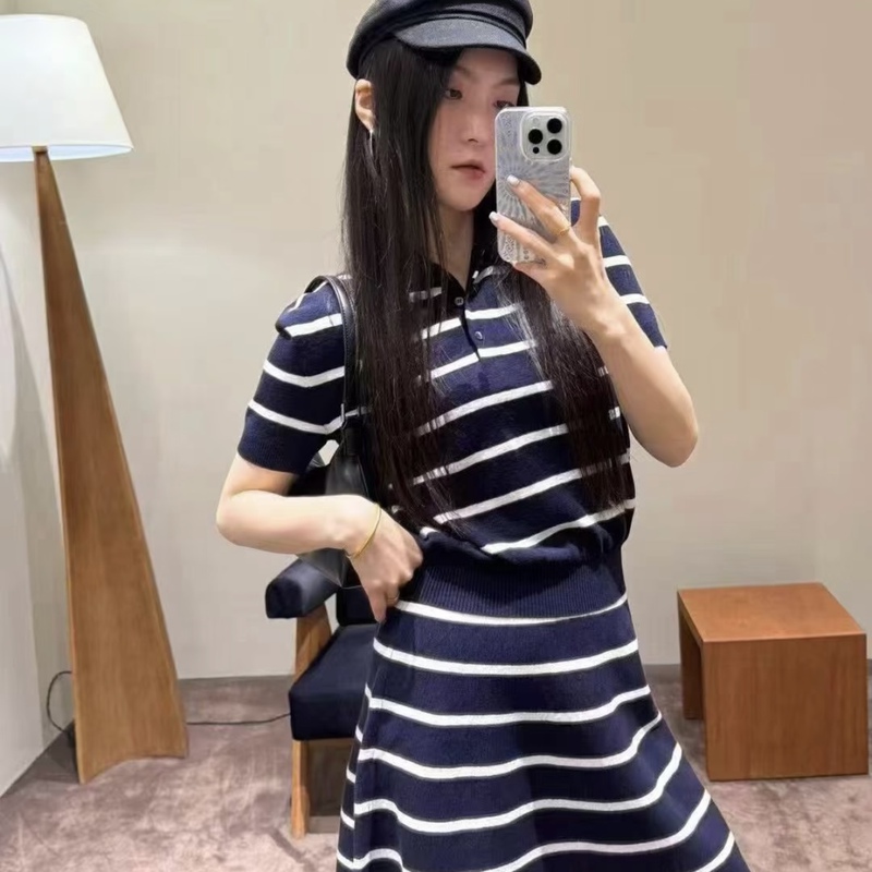 【C+ Series】Authentic 2026 Summer New Product Fake Two-Piece Patchwork Striped Knitted Dress Mbf2Drs094