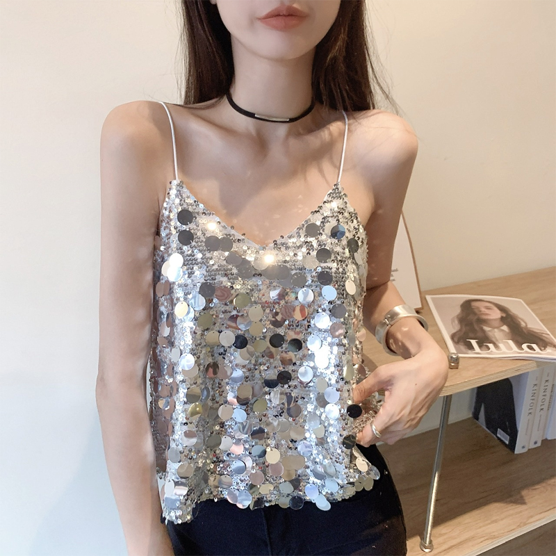 European and American Versatile Sleeveless Tops, Nightclub Disco Short Sexy Hot Girl Sparkling Sequin Camisole for Outer Wear for Women