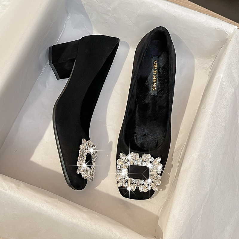 Square-Toe High-Heeled Shoes for Women 2026 Spring and Autumn New Style Rhinestone Square Buckle Versatile Professional Soft-Soled Chunky Heel Black Suede Single Shoes Square-Toe High-Heeled Shoes for Women 2026 Spring and Autumn New Style Rhinestone Square Buckle Versatile Professional Soft-Soled Chunky Heel Black Suede Single Shoes