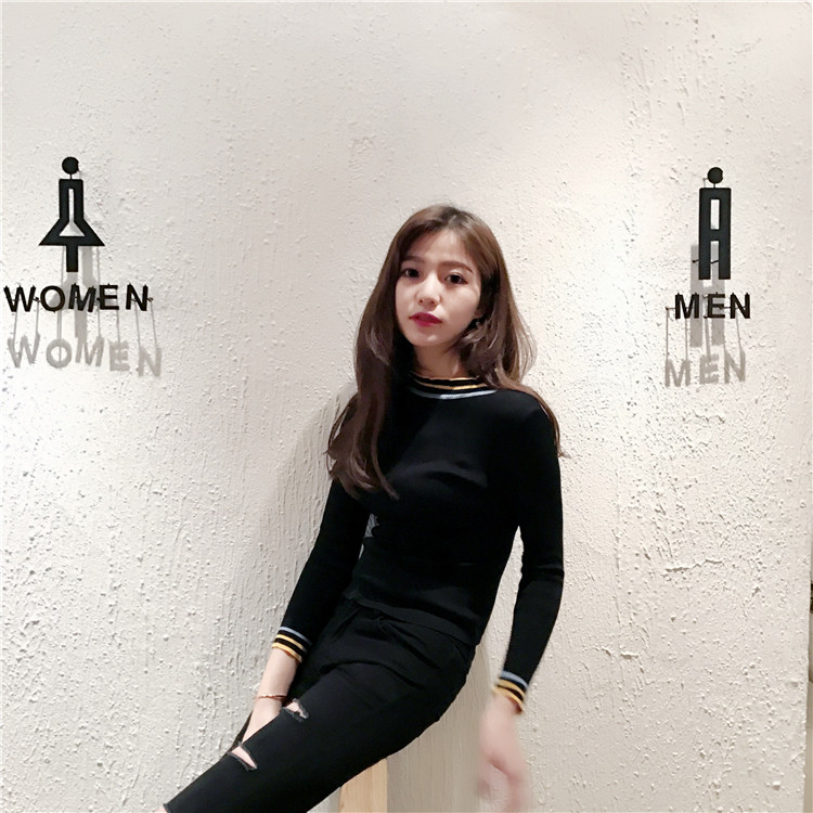 Retro Hàn Quốc chic màu tương phản sọc cổ áo ren đáy áo sơ mi mỏng phần dài tay áo thun áo len áo kiểu nữ