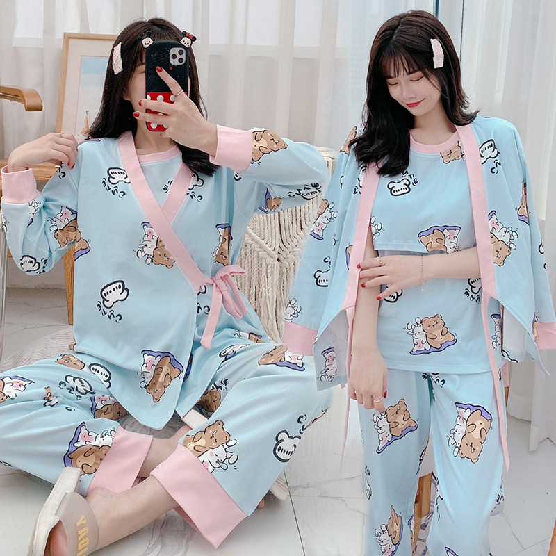 Moon Subsuit Spring Summer Pure Cotton Thin Section Loose Maternal Lactation Postpartum Breastfeeding Three Sets Of Pregnant Pregnant Pregnant Women's Pyjamas