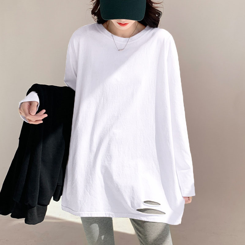 Plus Size Long-Sleeved T-Shirt for Women with Holes, Loose Fit, Base Layer for Tall People 100kg Fat Mm2026 White T-Shirt