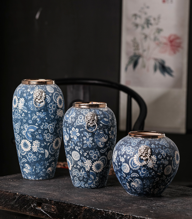 Jingdezhen ceramics archaize dried flowers of modern Chinese style living room home decoration flower arrangement of blue and white porcelain vase furnishing articles