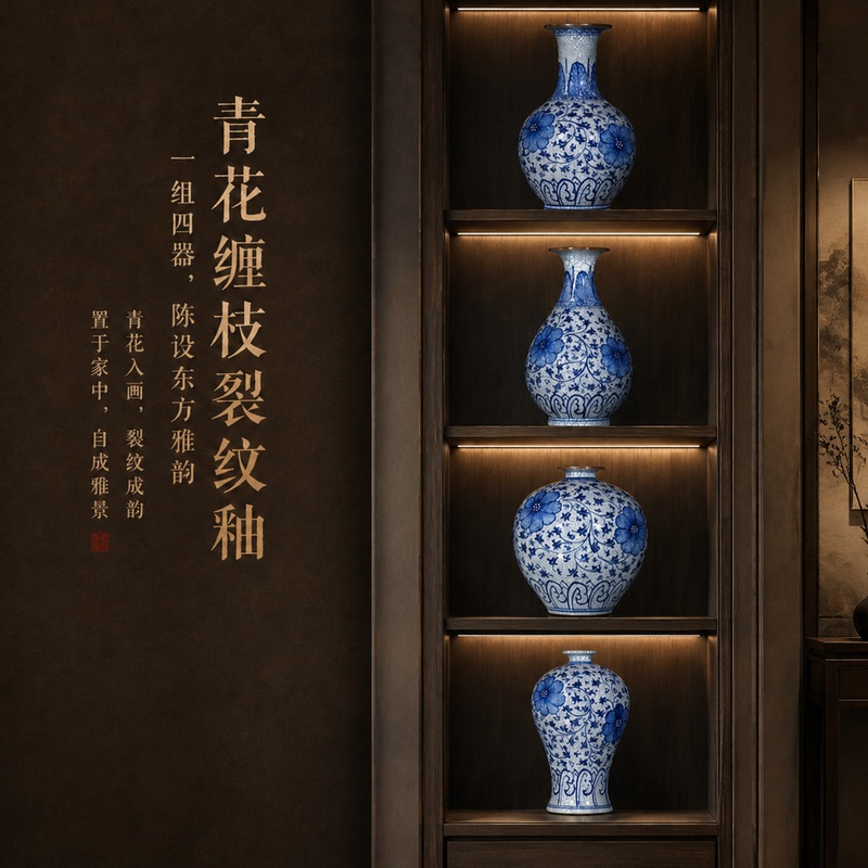 Jingdezhen Ceramic Blue and White Porcelain Vase Chinese-Style Retro Tea Room Living Room Entrance Hall Display Shelf Wine Cabinet Decorative Ornament