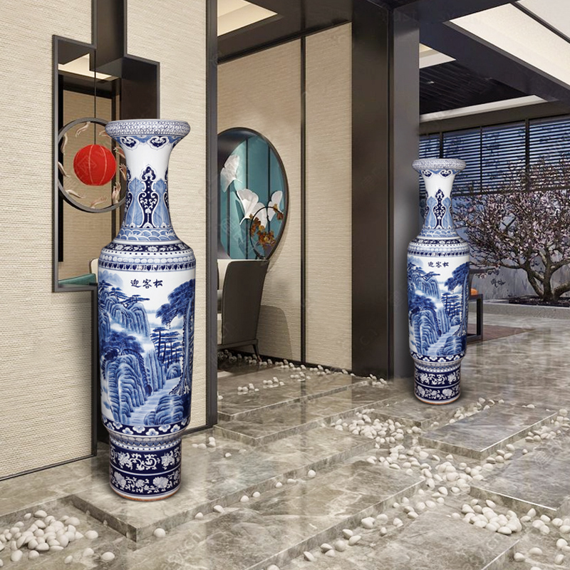 Jingdezhen ceramics hand - made guest - the greeting pine of large blue and white porcelain vase hotel lobby large adornment furnishing articles