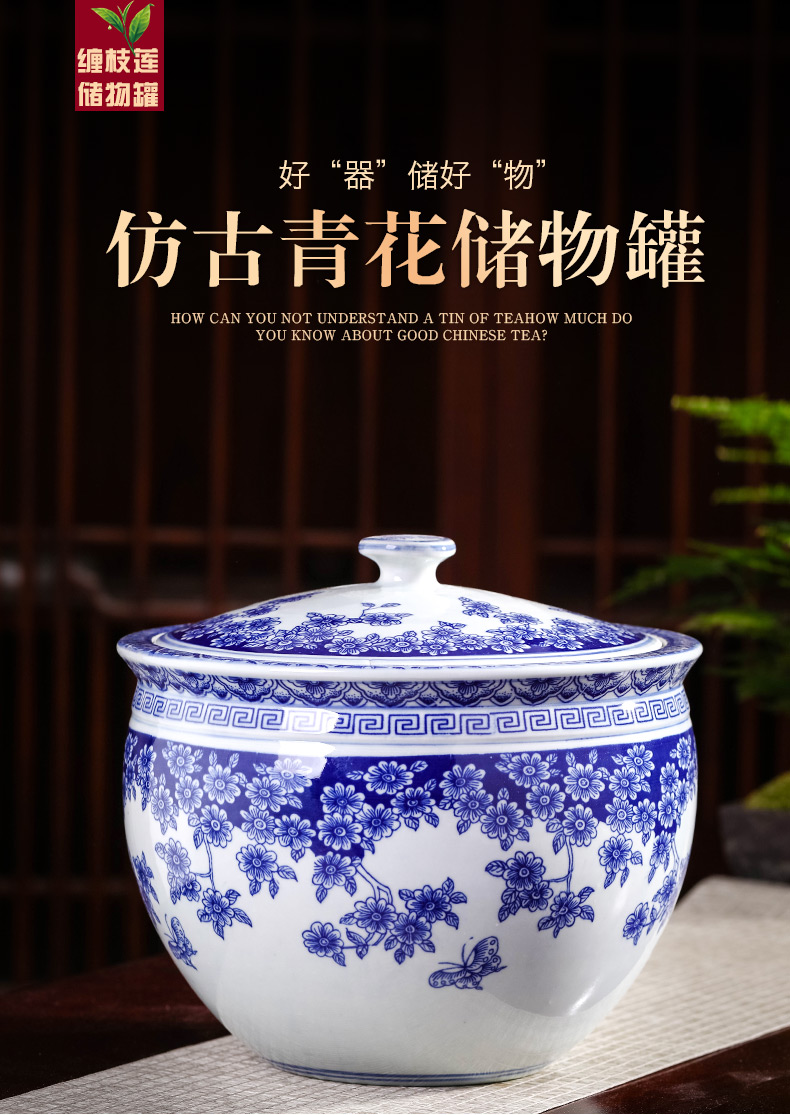 Jingdezhen blue and white porcelain tea pot with cover household ceramics from 20 jins puer tea cake storage tank sealing a large