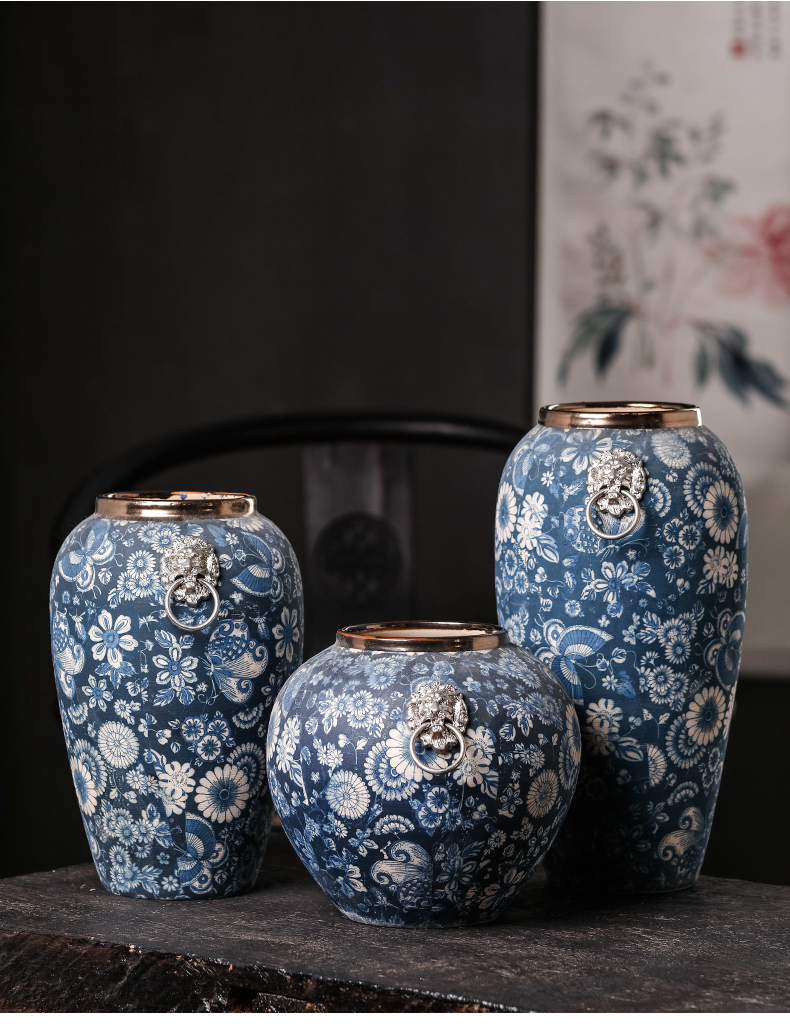 Jingdezhen ceramics archaize dried flowers of modern Chinese style living room home decoration flower arrangement of blue and white porcelain vase furnishing articles