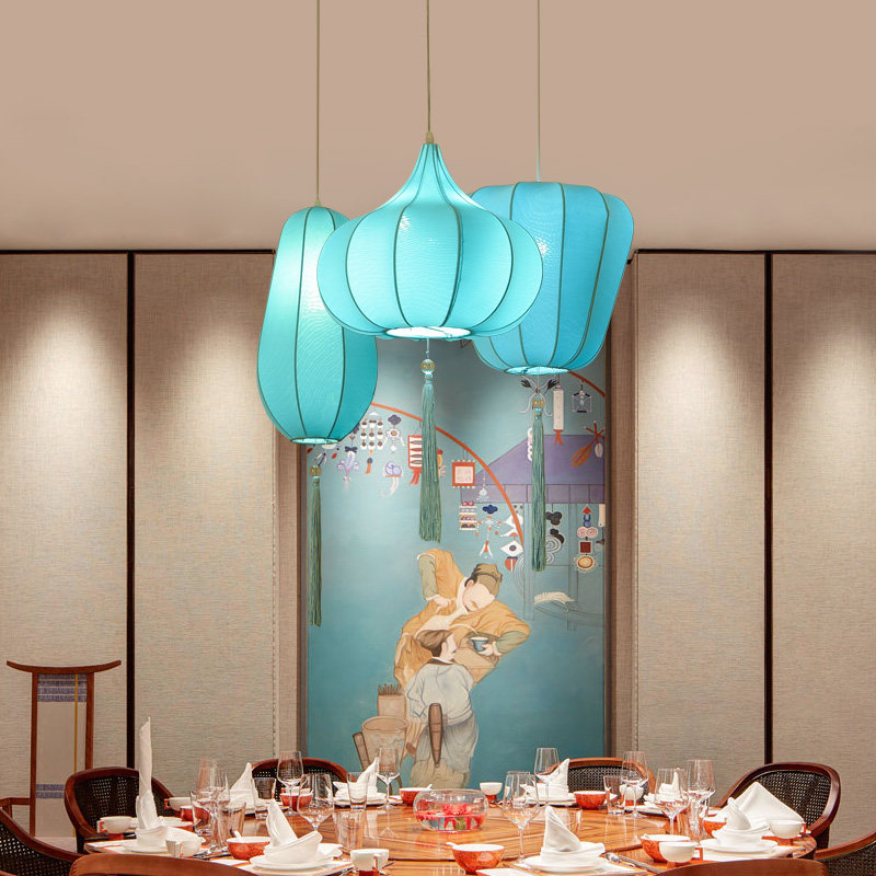 New Chinese hot pot shop chandelier Chinese fan restaurant tea room restaurant tea room fabric lantern lamps