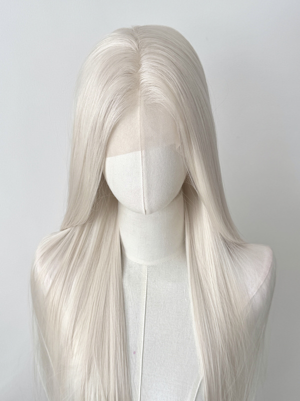 Off-White Universal Platinum Hand-Crocheted Wig with Large Lace Front for Cosplay, Full Head Long Hair with Free Parting