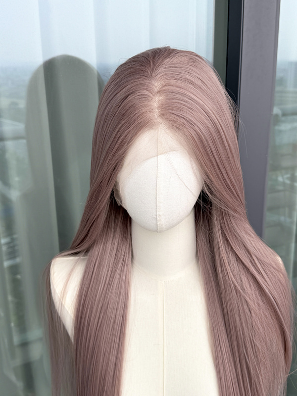 Milk Tea Powder Gray Hand-Crocheted Large Lace Front Wig, Full Head Long Straight Hair, Cosplay, Daily Wear, Realistic, Free Parting, Yuan Ji