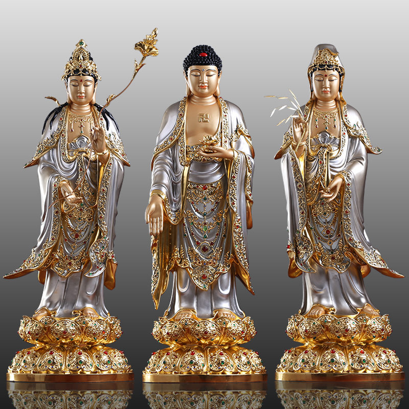 Taiwan Pure Brass Western Three Holy Buddha statue of bronze statue silver and silver-statue of Bodhisattva's home Si Lotus Buddha Amita Buddha