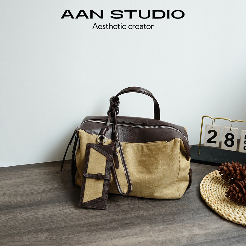【Aan】Cotton and Linen Mixed with Cowhide Boston Pillow Bag for Women, Large Capacity Versatile Backpack, Single Shoulder Crossbody Bag