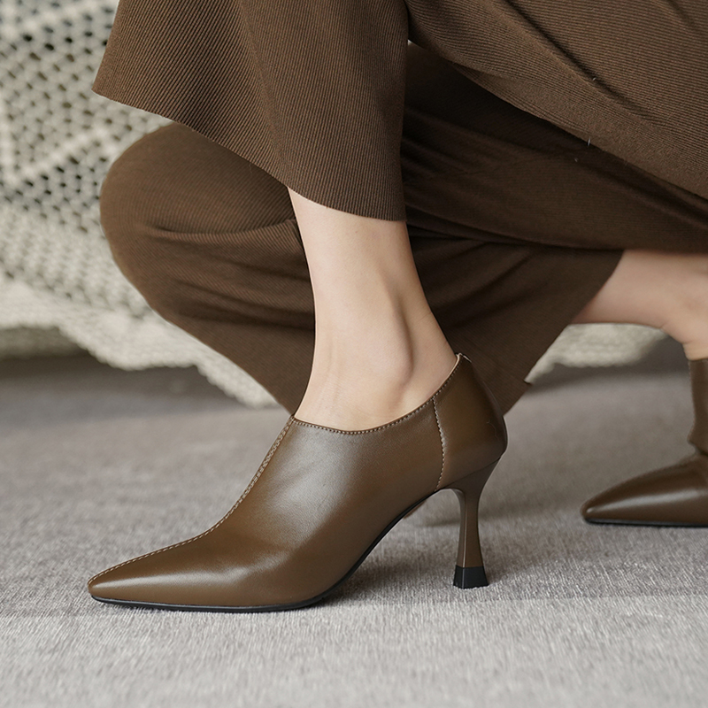 Brown Boots for Women, Spring High Heels, 2026 New Pointed-Toe French Ankle Boots, Elegant Deep-Cut Single Shoes, Stiletto Short Boots