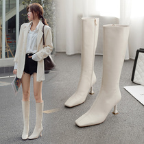 White genuine leather boots though knee-length boots female high heel 2021 autumn winter large cylinder surrounding square head high cylinder Martin boots